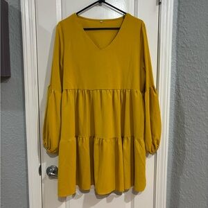 Mustard Tiered V-Neck Long Sleeve Mini Dress